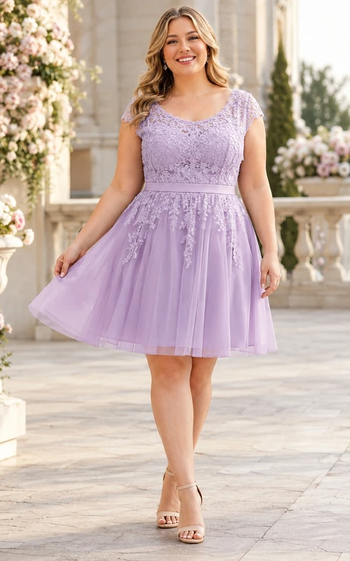Lavender Tulle Lace Square-Neck Short-Sleeve A-Line Short Plus-Size Homecoming Dress
