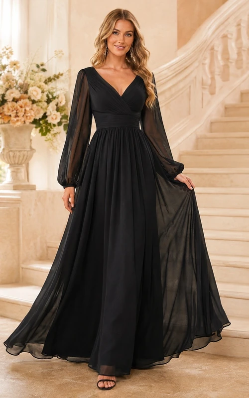 Black Romantic Elegant V-Neck Long-Sleeve Chiffon Draped A-Line Floor-Length Prom Dress