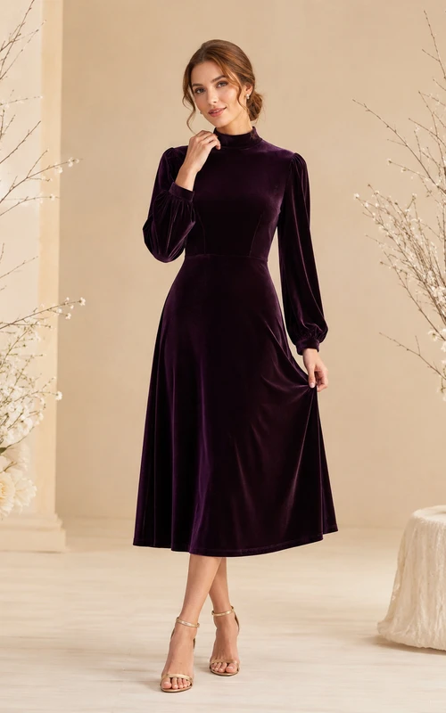 Vestido midi de terciopelo color ciruela con cuello alto y manga larga para invitada