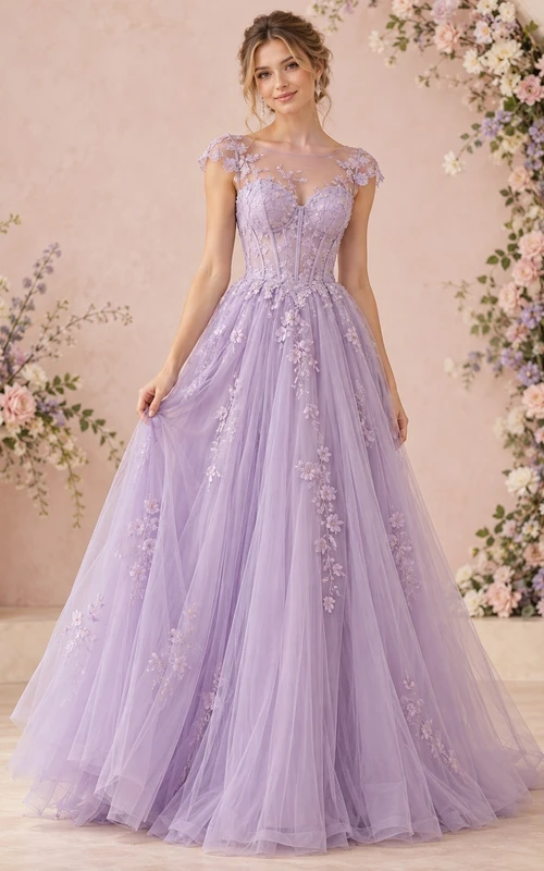 Robe de bal modeste lavande à manches bateau et dentelle florale en tulle, coupe bateau, manches courtes.