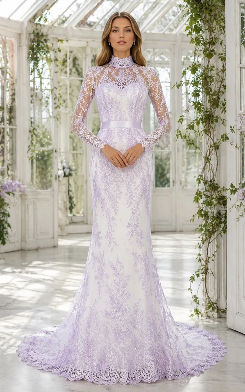 Lavendelfarbenes Brautkleid im Meerjungfrauenstil mit floraler Spitze, hohem Kragen, langen Ärmeln und Kathedralenschleppe