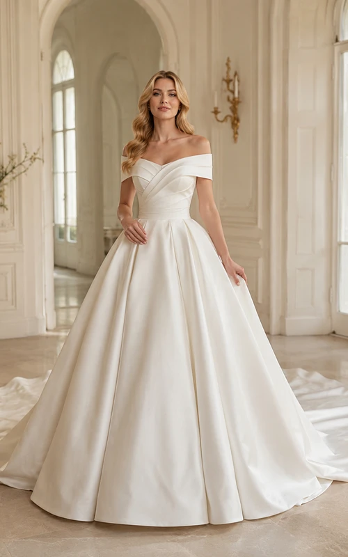 Robe de bal en satin à épaules dénudées et traîne chapelle, robe de mariée luxueuse