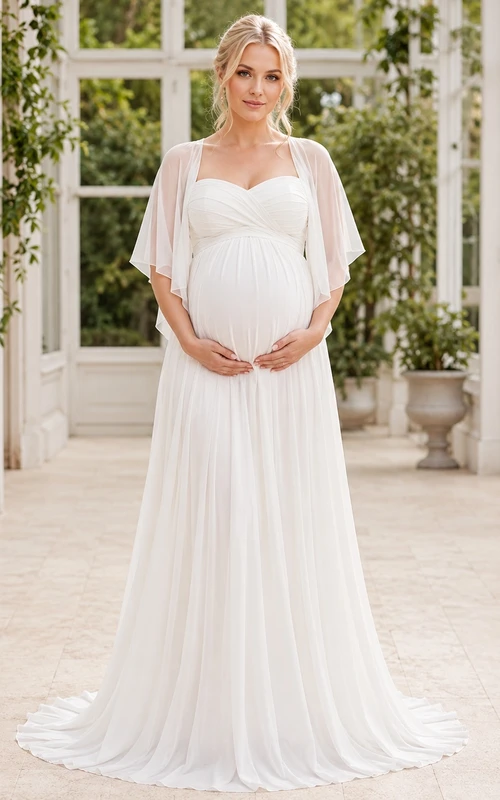 Maternity Modest Cape Sleeve Chiffon Empire Sweetheart Floor-Length Formal Gown