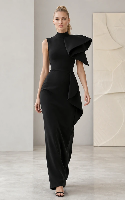 Black High Neck Sculptural Ruffle Shoulder Floor Length Dress