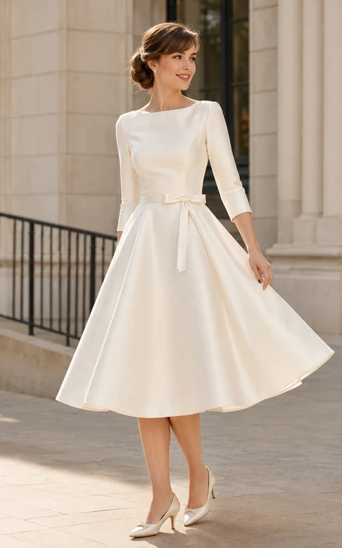 Robe de mariée vintage années 1950, style bateau, manches trois-quarts, en satin, coupe trapèze, longueur thé, idéale pour une cérémonie civile.