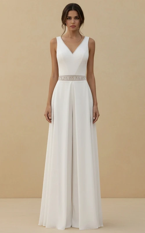 Elegante mono de novia con escote en V, pantalón de pierna ancha y cinturilla de encaje.