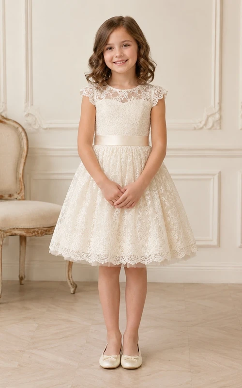 Cream Vintage Jewel Neck Cap Sleeve Lace A-Line Flowergirl Dress