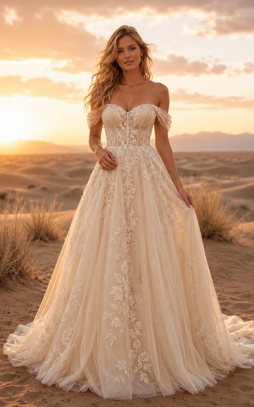 Champagne Boho Off-Shoulder Applique Tulle Desert Bridal Gown