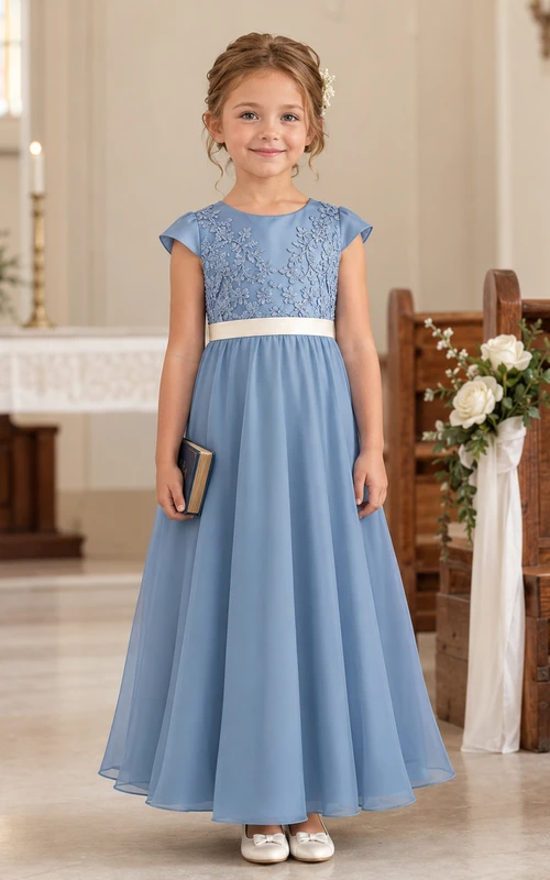 Blumenmädchenkleid aus stahlblauem Tüll in A-Linie mit Rundhalsausschnitt und knielanger Silhouette, verziert mit einer Schärpe