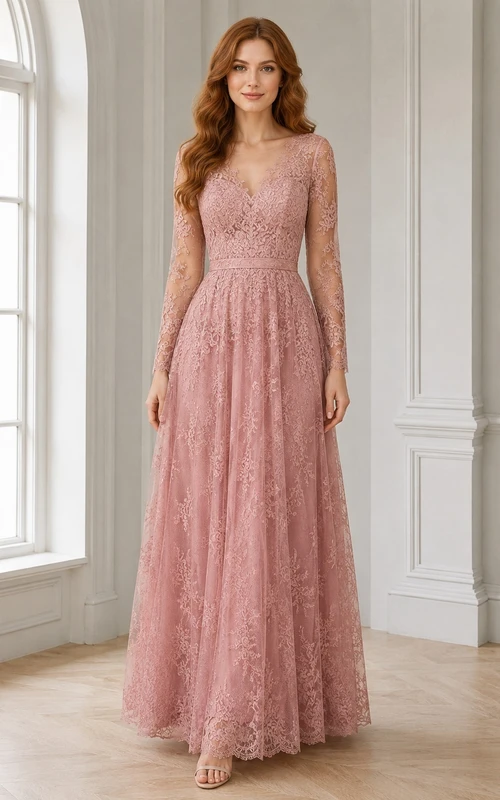 Dusty Rose Lace Jewel Neck Long Sleeve A-Line Floor-Length Romantic Bridesmaid Gown