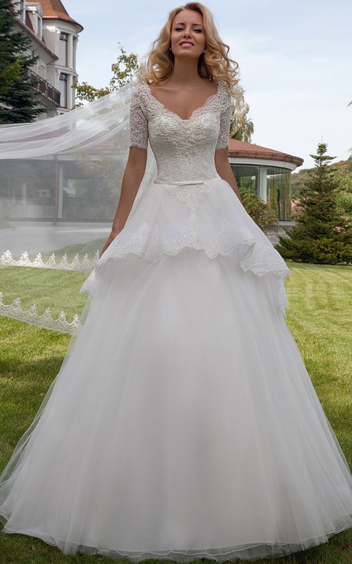 peplum bridal dress Vintage Lace Bridal Dress with Corset Bodice & Train