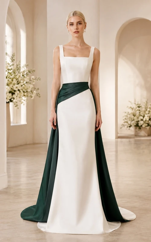 Smaragdgrünes, drapiertes, ärmelloses Brautkleid mit Schleppe, quadratischem Ausschnitt und elegantem Schnitt