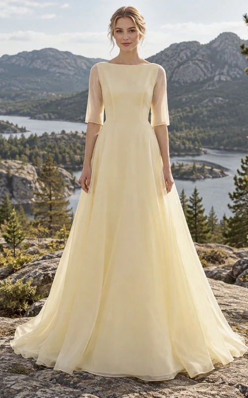 Schlichtes, buttergelbes Organza-Brautkleid mit U-Boot-Ausschnitt, halben Ärmeln und A-Linien-Rock