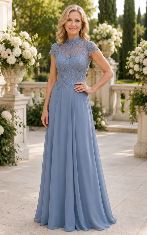 Dusty Blue Lace Bodice A-Line Mother Dress with Cap Sleeves