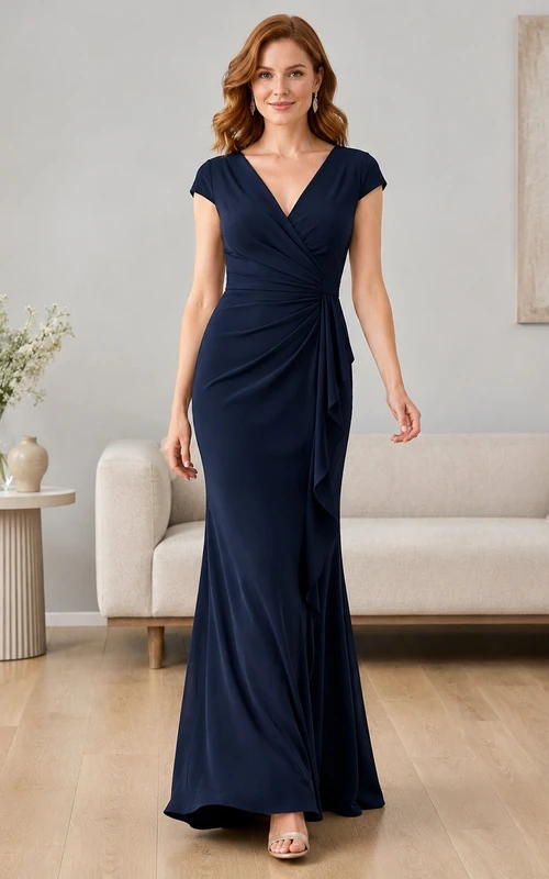 Navy Wrap V-neck Cap Sleeve Jersey Sheath Floor-length Formal Dress