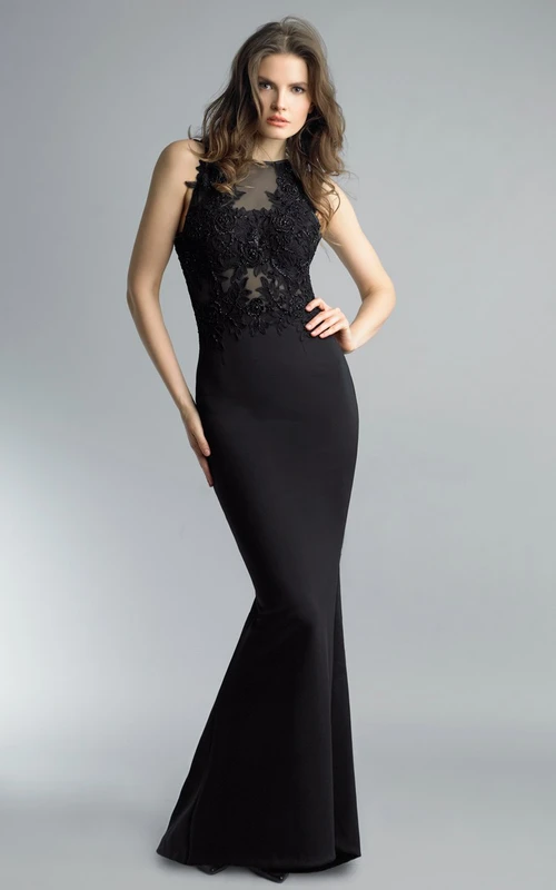 Meerjungfrauen-Kleid aus Satin, bodenlang, hochgeschlossen, ärmellos, mit Schlüssellochausschnitt