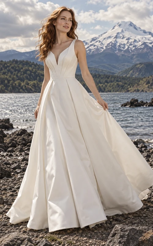 Vestido de novia sencillo de corte A, sin mangas, de satén de algodón con escote en V y falda plisada.