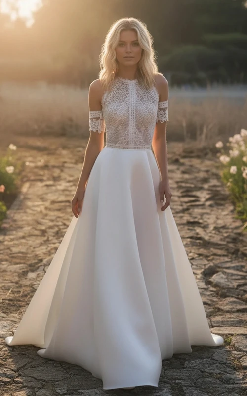 Hochgeschlossenes Brautkleid aus Spitze und Satin in A-Linie, schulterfrei, modernes Boho-Brautkleid