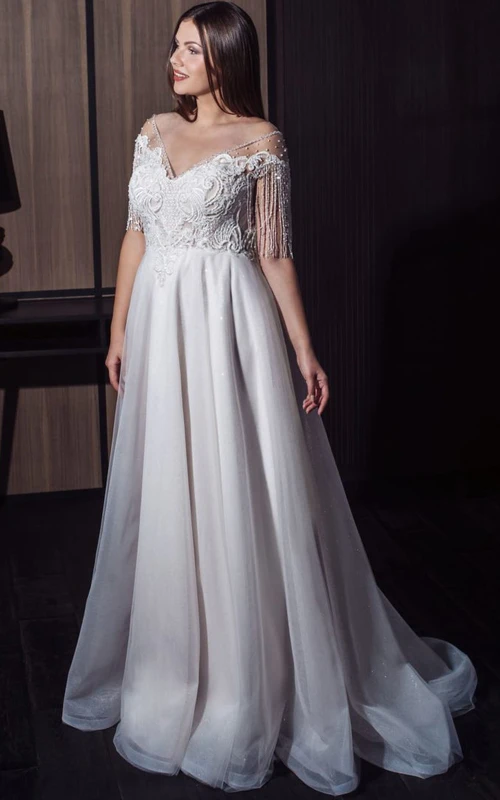 Elegantes, schulterfreies Brautkleid in großen Größen mit Wasserfallausschnitt, A-Linie, Kristallverzierungen und Spitzenapplikationen