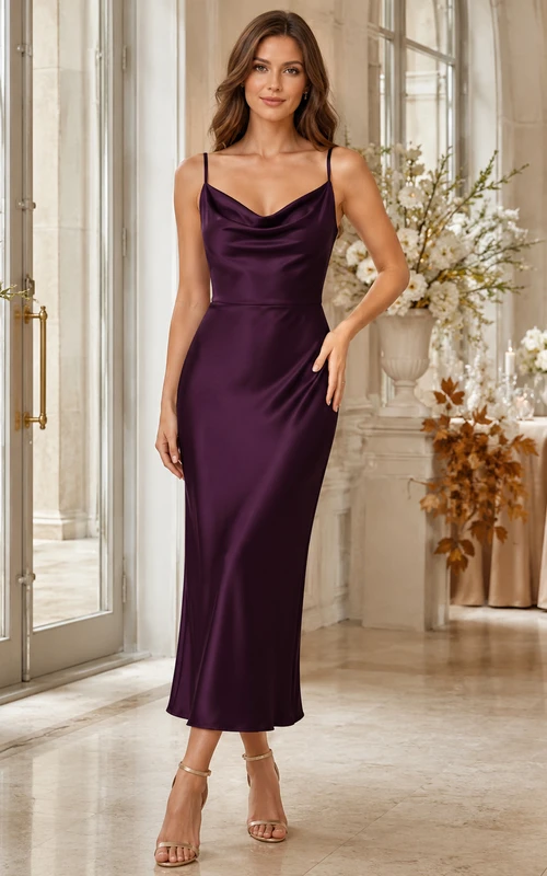 Vestido midi de satén ajustado con escote drapeado y tirantes finos, color ciruela, ideal para invitadas.