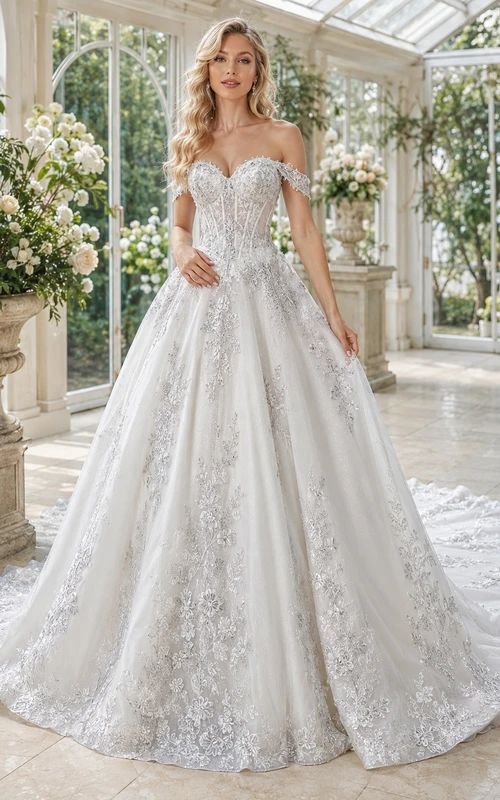 Silbernes, elegantes Ballkleid mit Blütenblättern – schulterfrei, kurze Ärmel, bodenlang, mit Schleppe – Luxuskleid