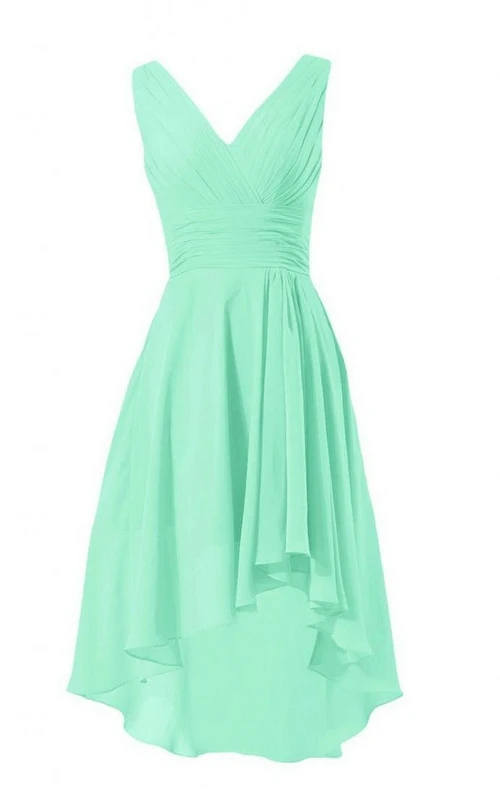 Asymmetrisches Chiffonkleid in A-Linie mit V-Ausschnitt und Reißverschluss hinten