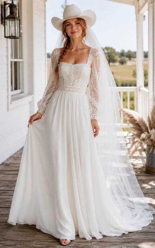 Robe de mariée champêtre en mousseline et dentelle, coupe trapèze, col carré, manches longues et traîne chapelle