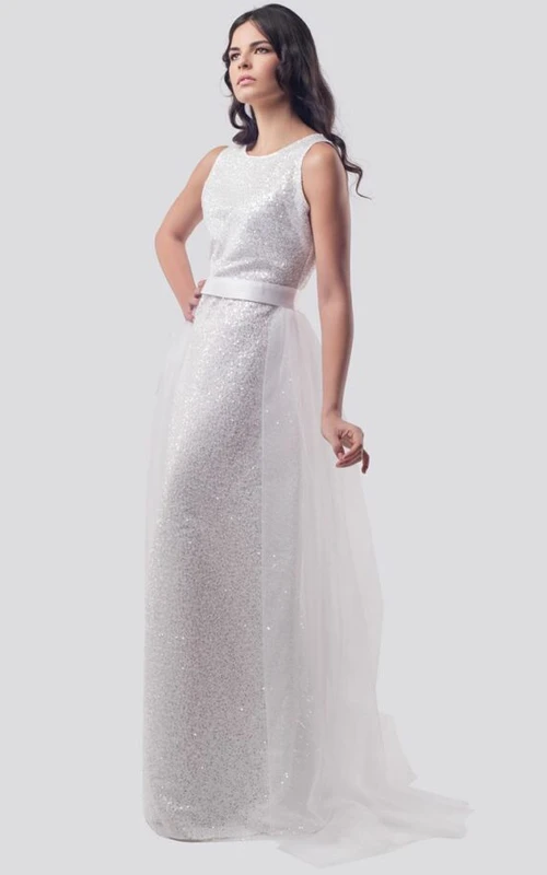 Lässiges, ärmelloses, bodenlanges Pailletten-Etui-Abendkleid mit abnehmbarem Rock
