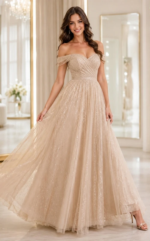 Champagne Off-Shoulder Glitter Tulle Ball Gown Floor-Length Luxury Romantic Abendkleid Dress