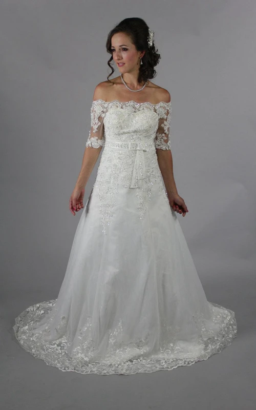 Off-The-Shoulder Half Sleeve A-Line Lace Dress With Lace-Up Back
