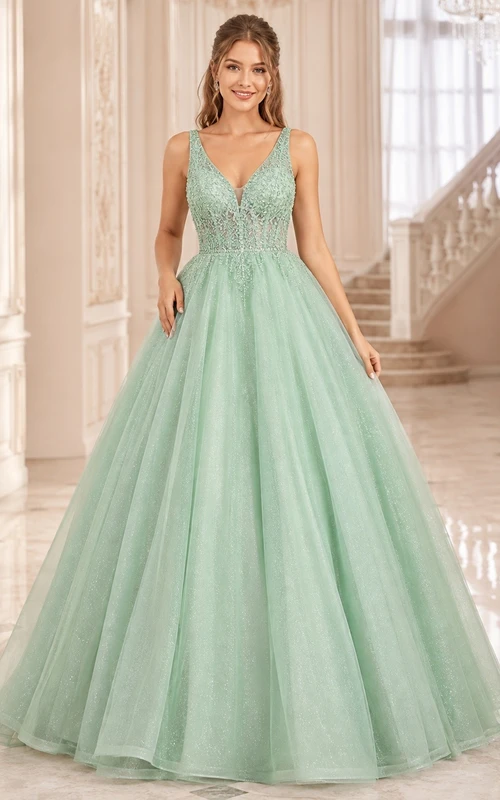 Romantic Mint Green V-neck Sleeveless Lace Tulle Ball Gown Dress