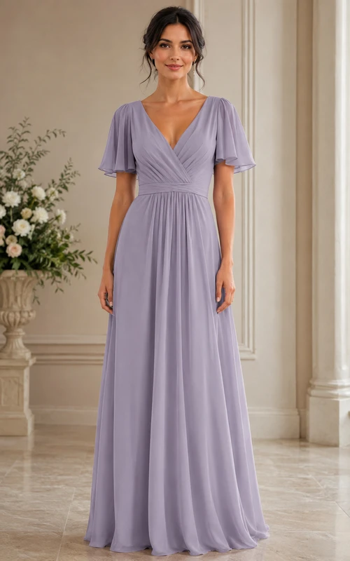 Robe de demoiselle d'honneur en mousseline lavande à col en V, manches courtes et coupe trapèze