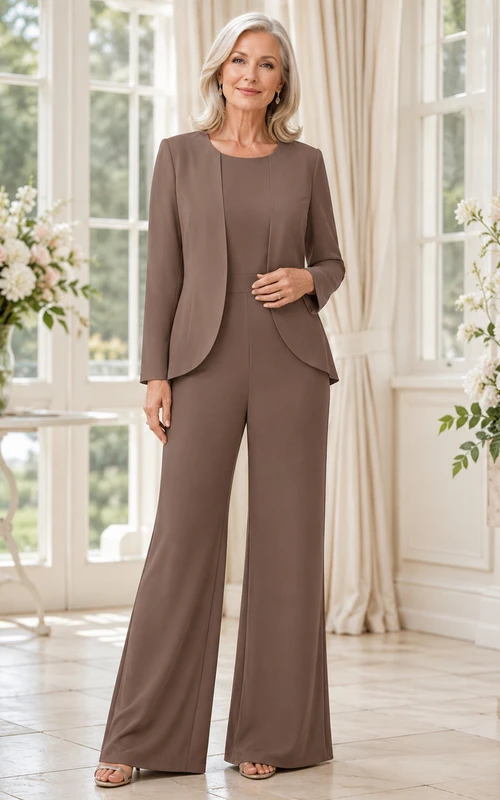 Taupe Mother Jumpsuit with Jewel Neck Asymmetrical Jacket and Wide Leg Pants
