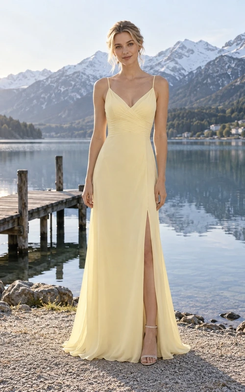 Vestido de novia sencillo de gasa color narciso con escote en V, sin mangas, abertura frontal y cola.