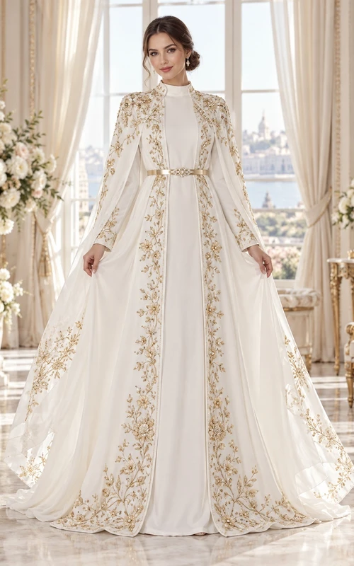 Robe de mariée abaya modeste à manches longues et col montant brodée d'or