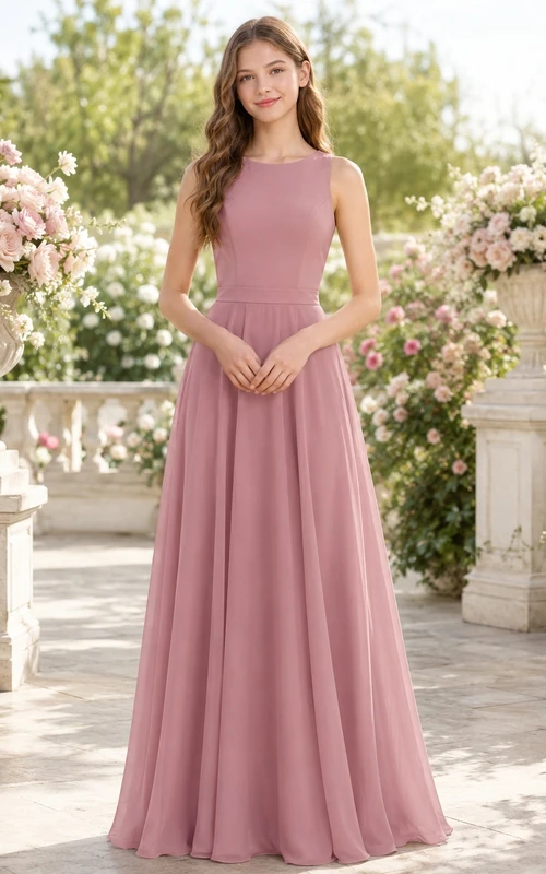 Romantisches, rosafarbenes Brautjungfernkleid in A-Linie mit Schmucksteinen, ärmellos, aus Chiffon mit Schleifendetail