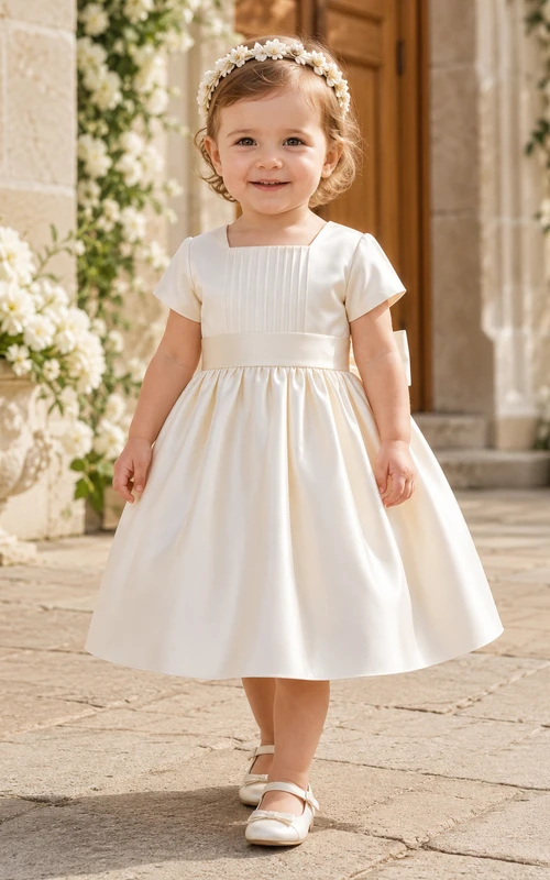 Short Sleeve Baptism Dress A-Line Satin Jewel Neck Pleated Bodice Bow Back