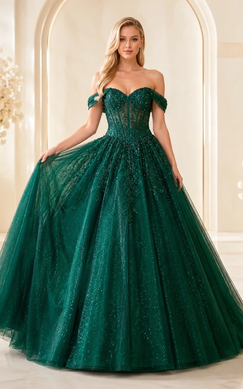 Vestido de gala de lujo Emerald Majesty en verde oscuro, largo hasta el suelo, con hombros descubiertos y manga corta, de tul, para quinceañera.