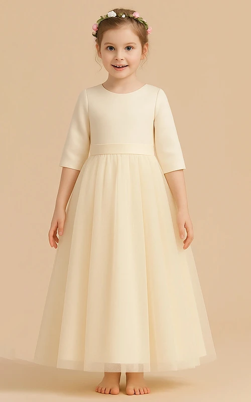 Scoop-neck Ivory Half-sleeve A-line Flowergirl Dress