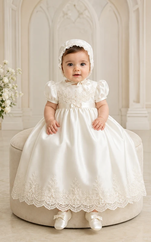 Vestido de satén y encaje de corte A con mangas abullonadas para bautizo de bebé.