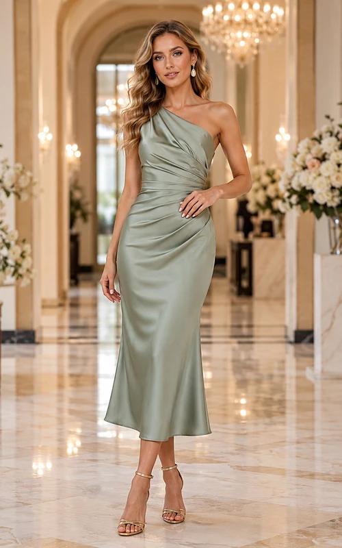 Sage Elegant Indoor Wedding Guest Bridesmaid Cocktail Formal Dress Sheath Tea-Length One-Shoulder Sleeveless Satin Midi Draped Zipper Back