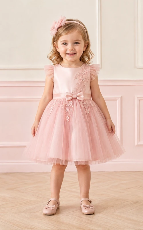 Adorable Blushing Pink Tulle Jewel Neck Cap Sleeve Floral Bow A-Line Flowergirl Dress
