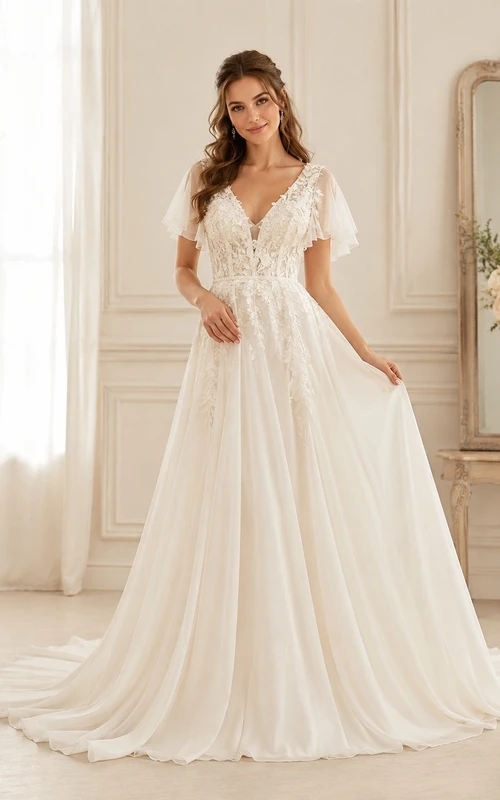 Vestido de novia bohemio romántico elegante con estampado floral, edición C, corte A y encaje.