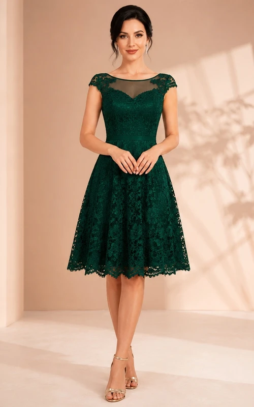 Dunkelgrünes Cocktailkleid in A-Linie mit Spitzenärmeln und knielanger Länge, A-Linien-Schnitt