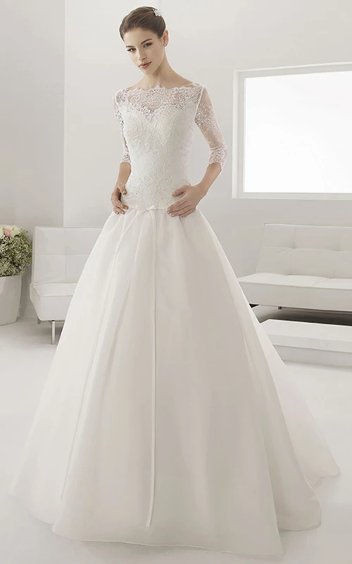 Illusion-Bateau-Ballkleid mit tiefer Taille, Schärpe und 3-4 Ärmeln