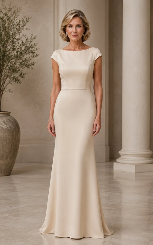 Vestido de madre entallado color crema con mangas cortas