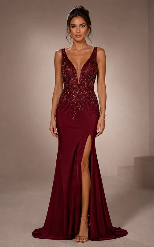 Vestido de fiesta estilo sirena con escote en V y lentejuelas.