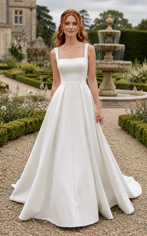 Vestido de novia de satén y gasa para la playa, estilo princesa, con escote cuadrado, sin mangas y cola larga.