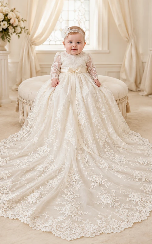 Luxury Baby Baptism Christening Ceremony Gown Ball Gown Floor-Length Cathedral Train Jewel Neck Long Sleeve Tulle Lace Floral Applique Bow Back Button Back
