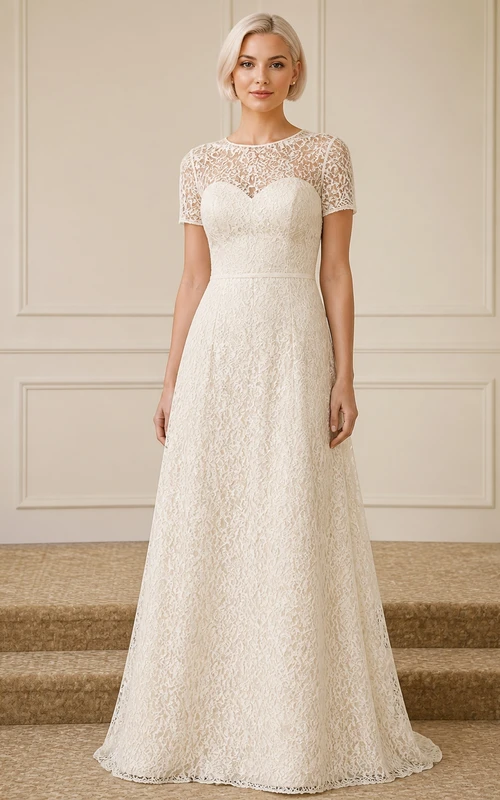 Schlichtes Vintage-Hochzeitskleid aus Spitze mit hohem Kragen, kurzen Ärmeln und A-Linie